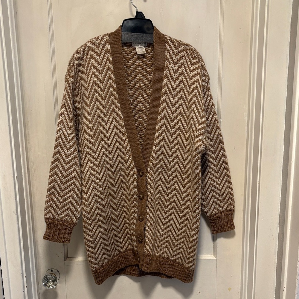 Vintage Jones New York Brown Chevron Wool Blend Knit Cardigan Sweater Medium
